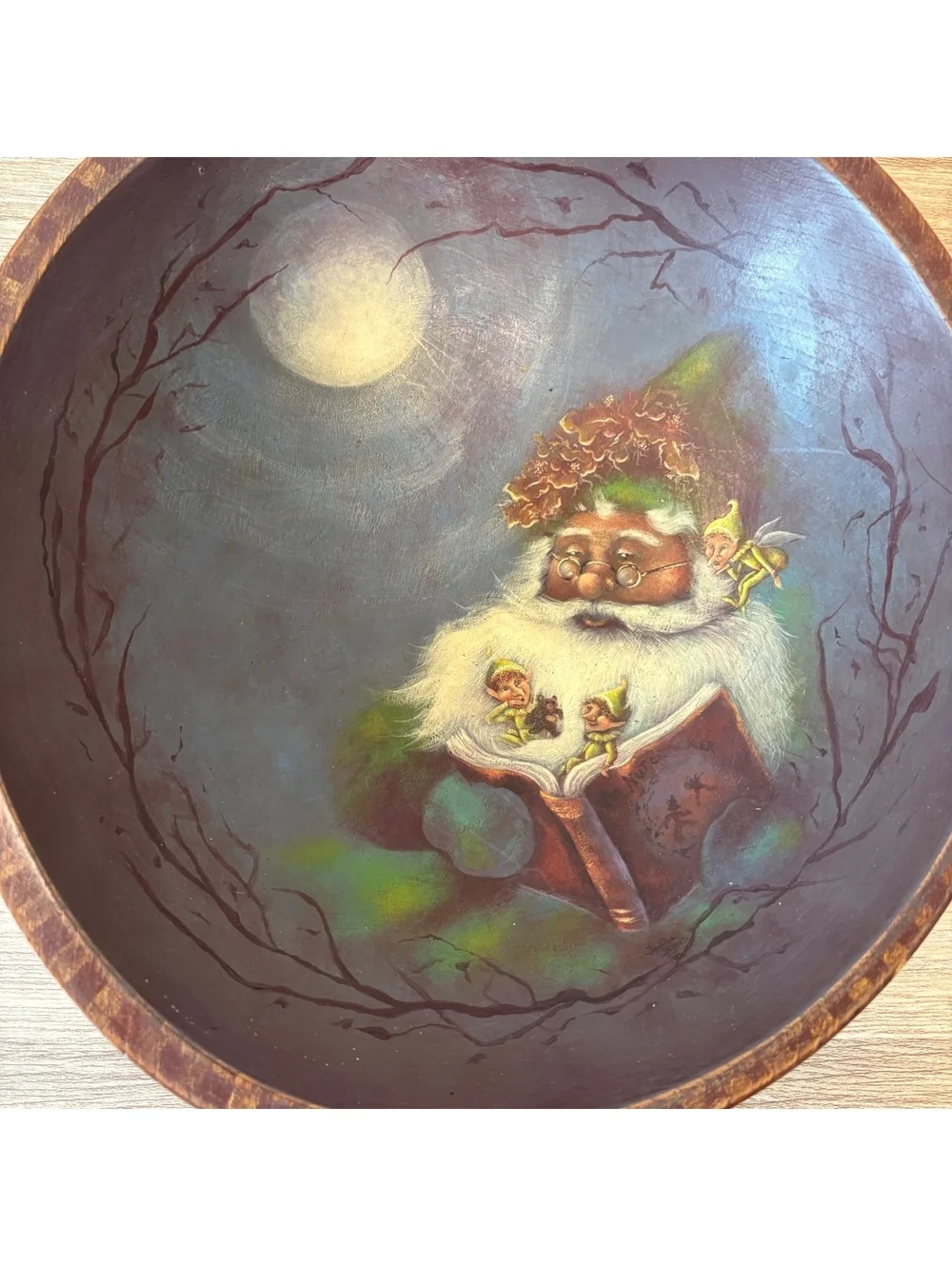 Santa Folk Art Wood Tray Hand Painted Wall Decor Christmas Elves Holiday